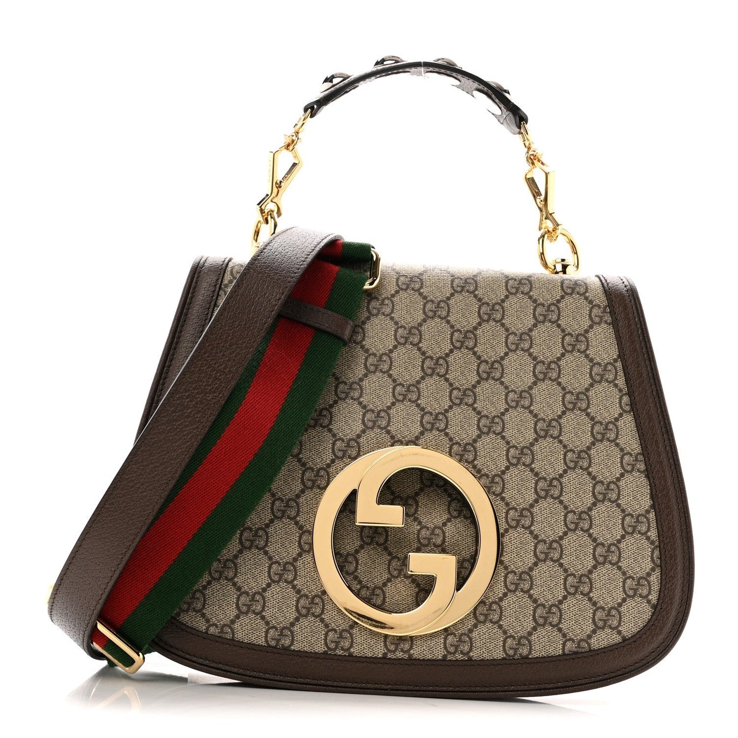 GG Supreme Monogram Textured Dollar Calfskin Web Medium Blondie Top Handle Shoulder Flap Bag Beige Ebony New Acero