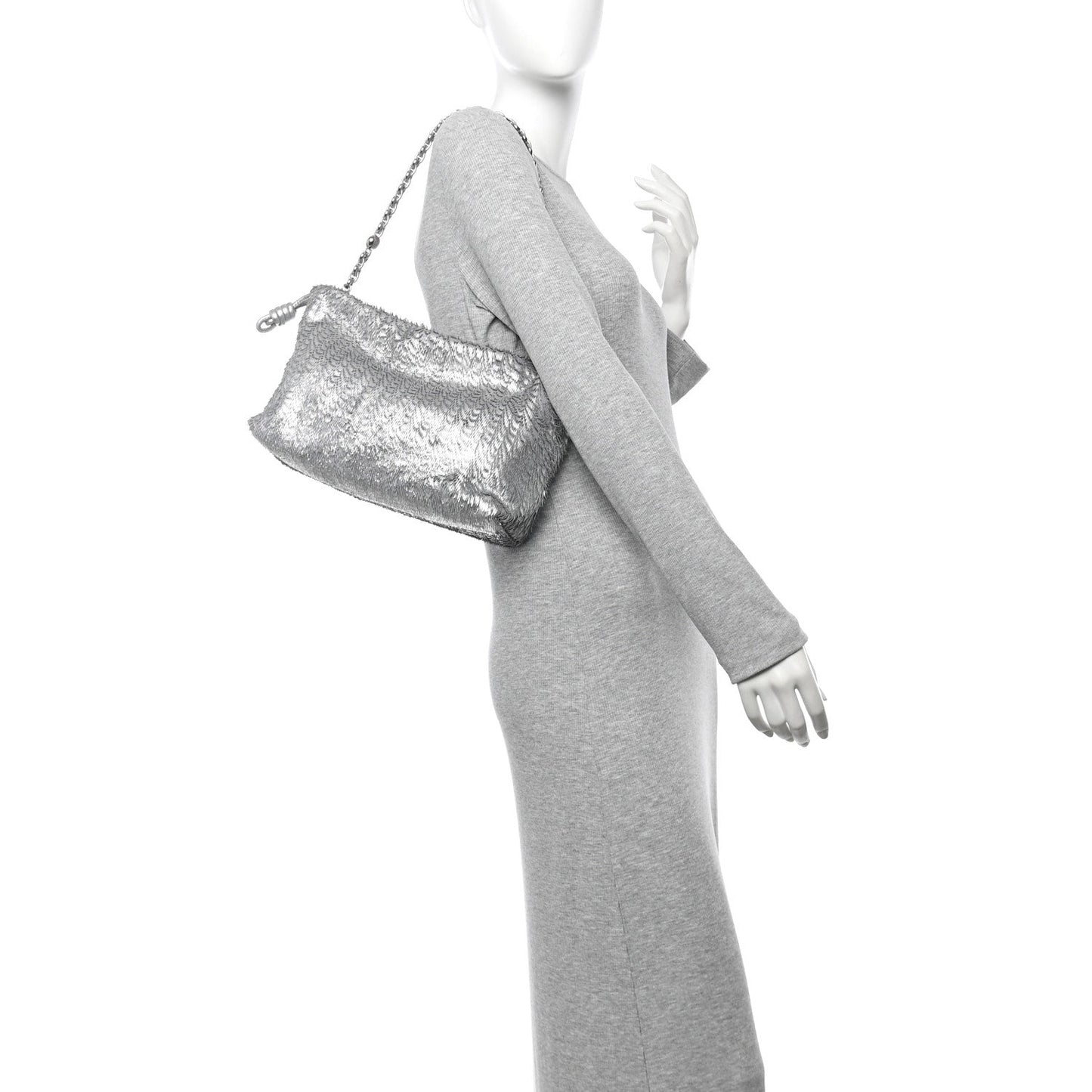 Metallic Nappa Calfskin Fringed Medium Chain Flamenco Knot Purse Silver