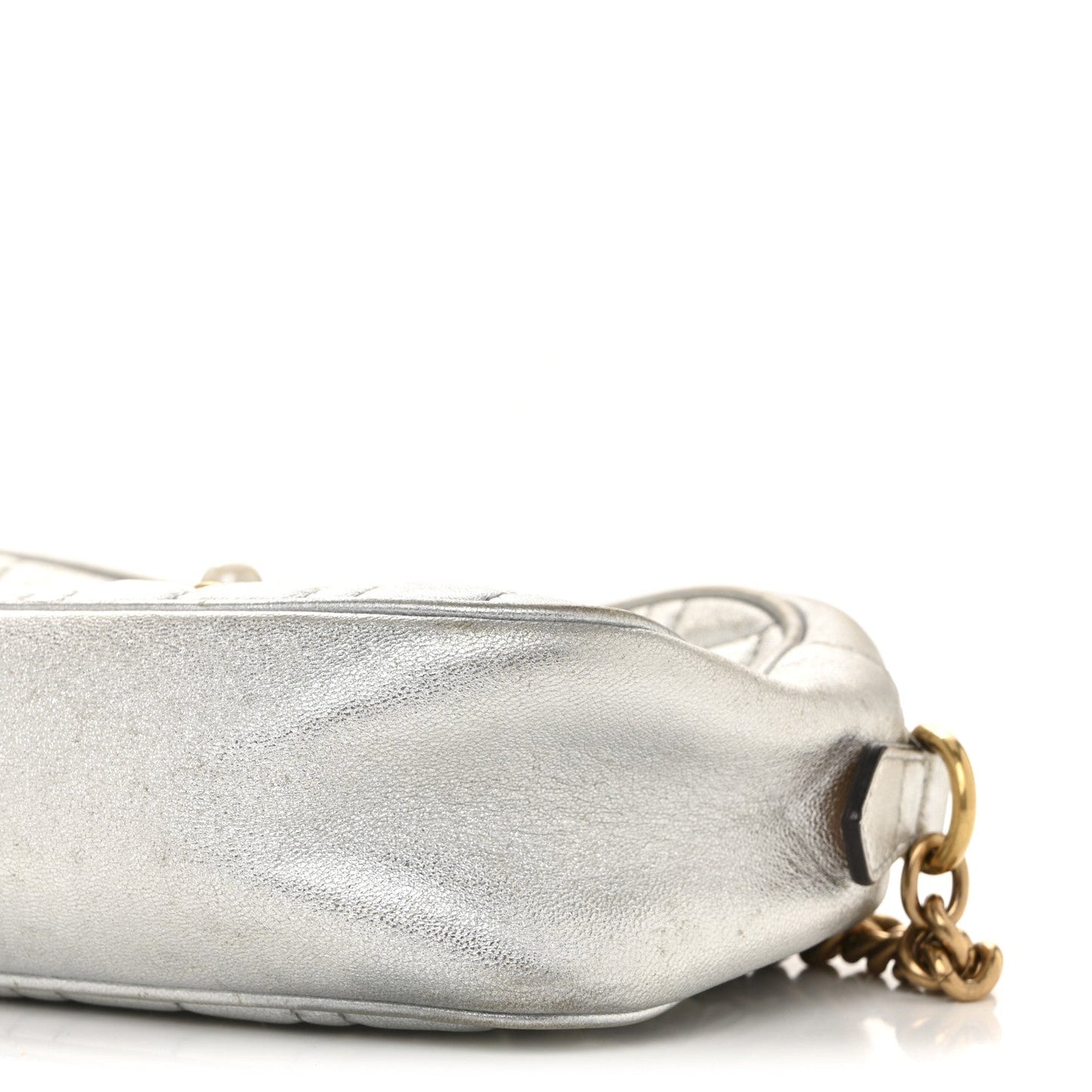 Metallic Calfskin Matelasse Studded Small Pearly GG Marmont Chain Shoulder Bag Silver