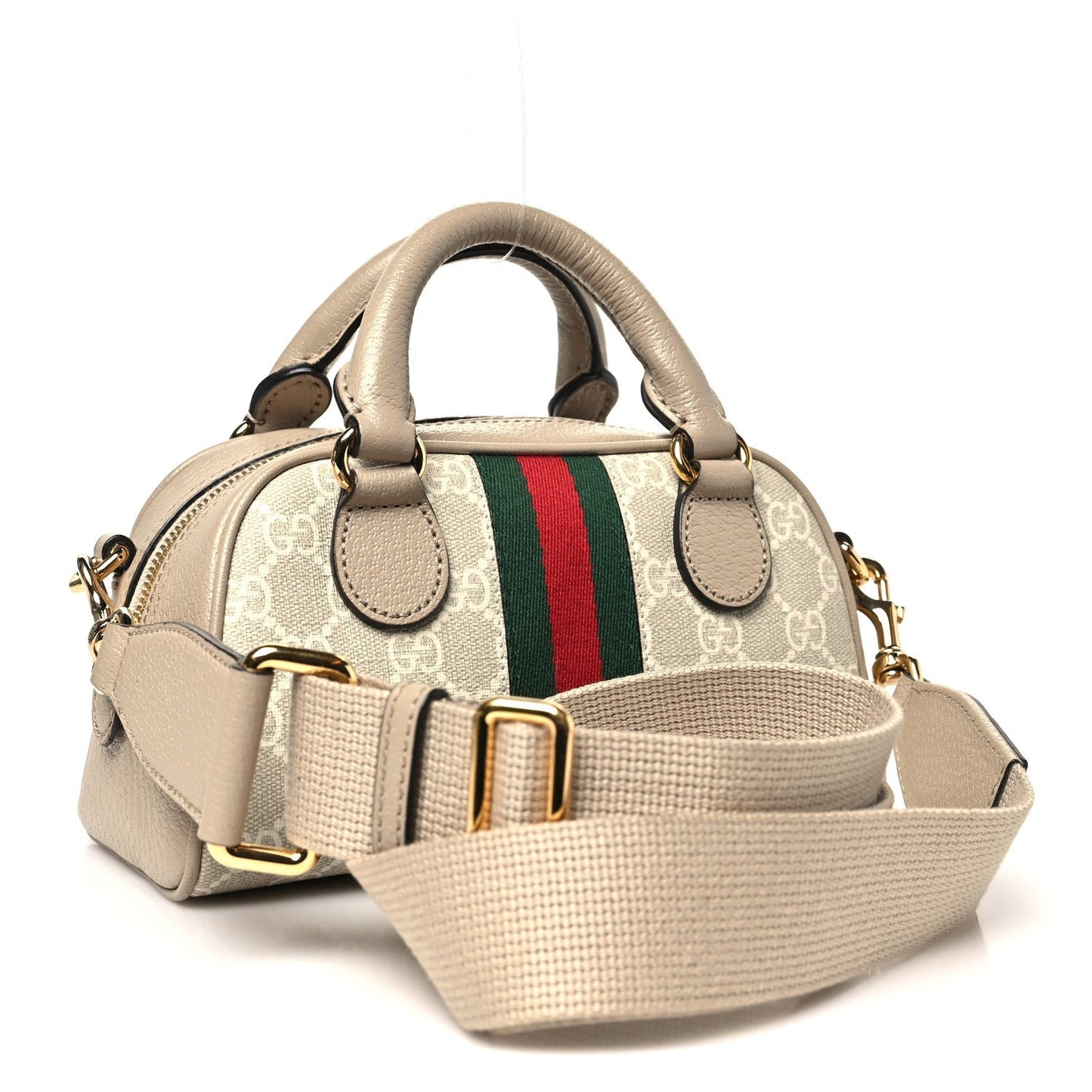 GG Supreme Monogram Textured Dollar Calfskin Web Mini Ophidia Top Handle Bowler Bag Beige Mystic White Oatmeal