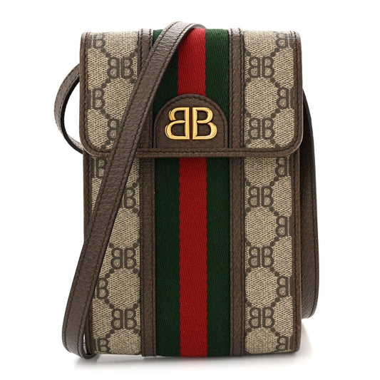 X BALENCIAGA BB Supreme Monogram Web Ophidia Phone Crossbody Bag Beige New Acero