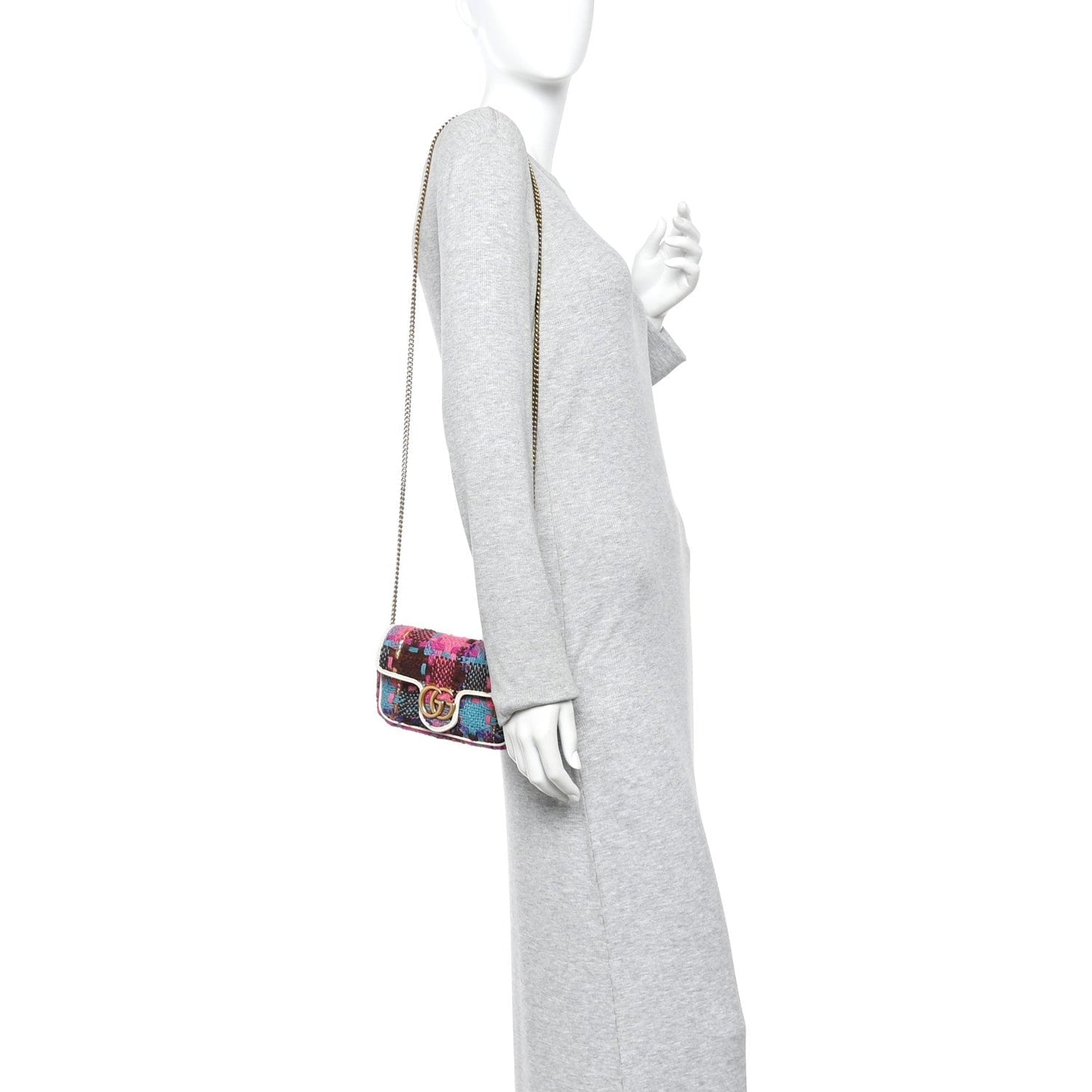 Tweed Calfskin Spicy Check Super Mini GG Marmont Shoulder Bag Pink Multicolor Mystic White