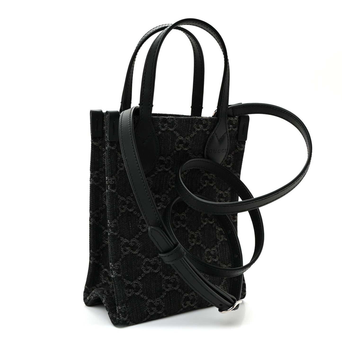 Denim Cuoio Harness GG Monogram Mini Ophidia Tote Bag Black Medium Grey