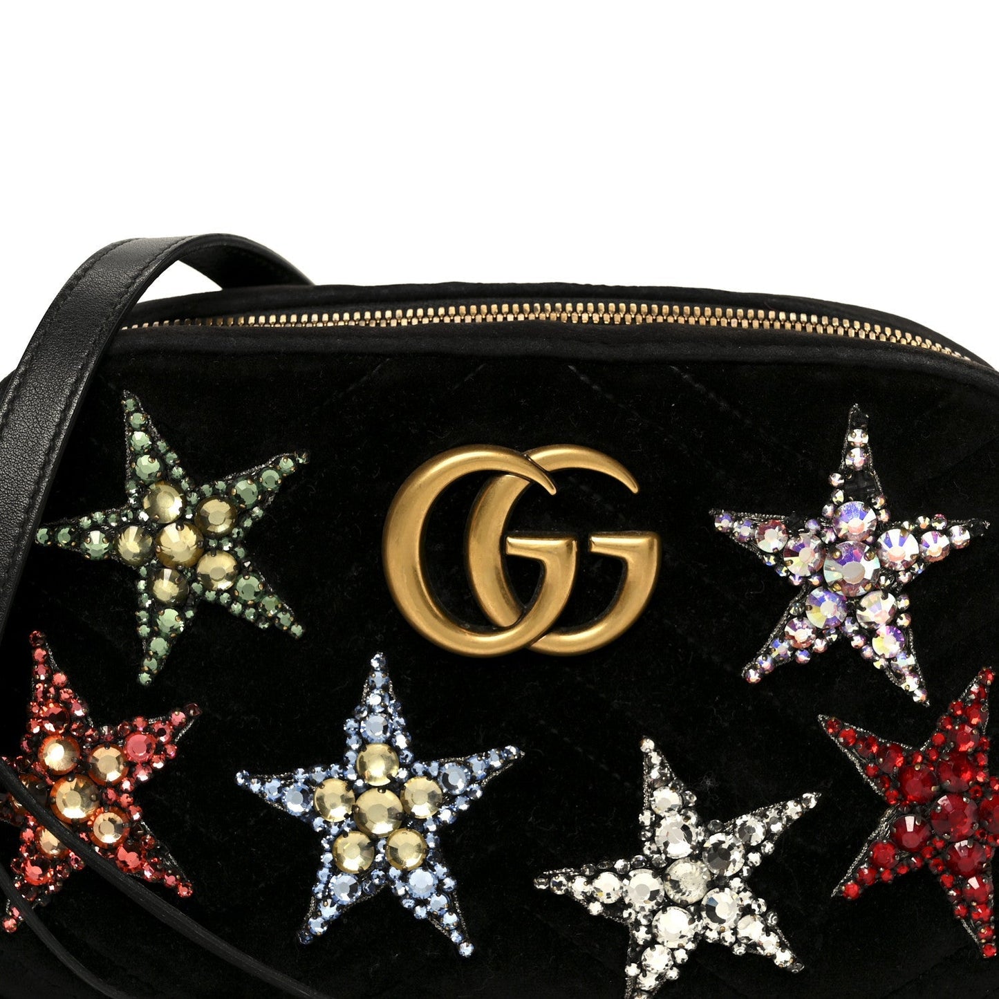 Velvet Matelasse Crystal Star Embroidered Small GG Marmont Chain Shoulder Bag Black