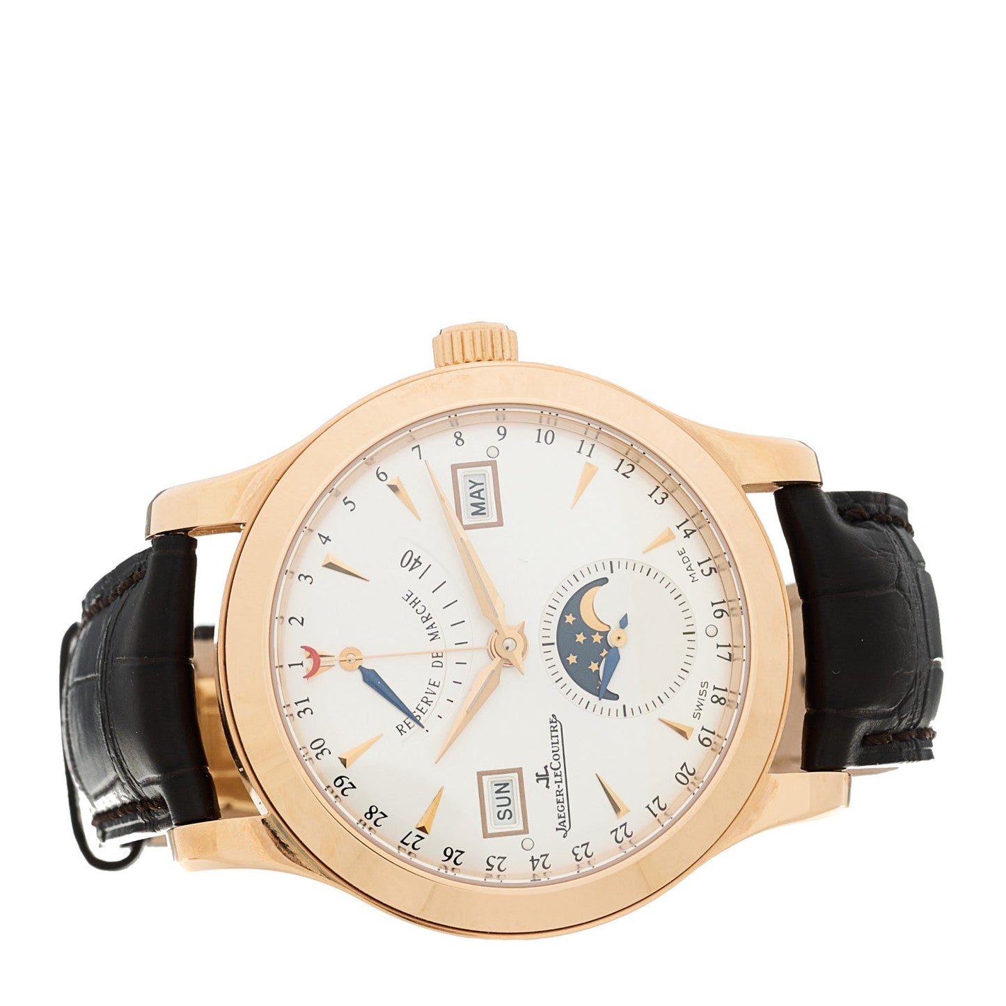 18K Rose Gold Alligator 37mm Master Calendar Moon Phase Automatic Watch Silver Q151242A