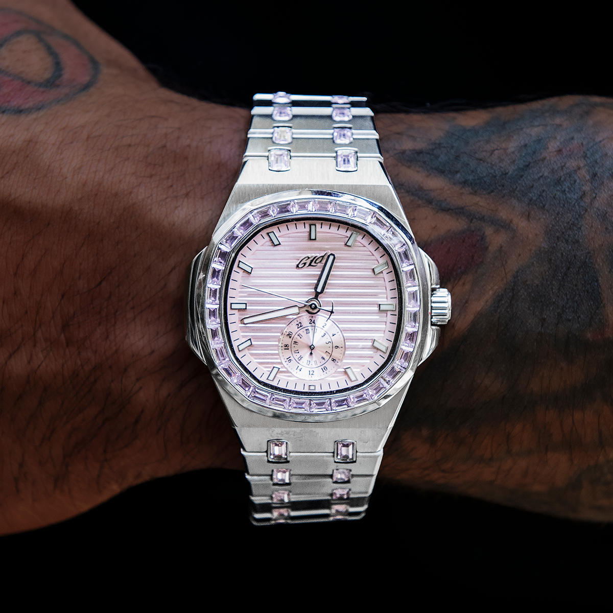 39MM Visionary Moissanite Iced Pink Stone Band Watch - White Gold