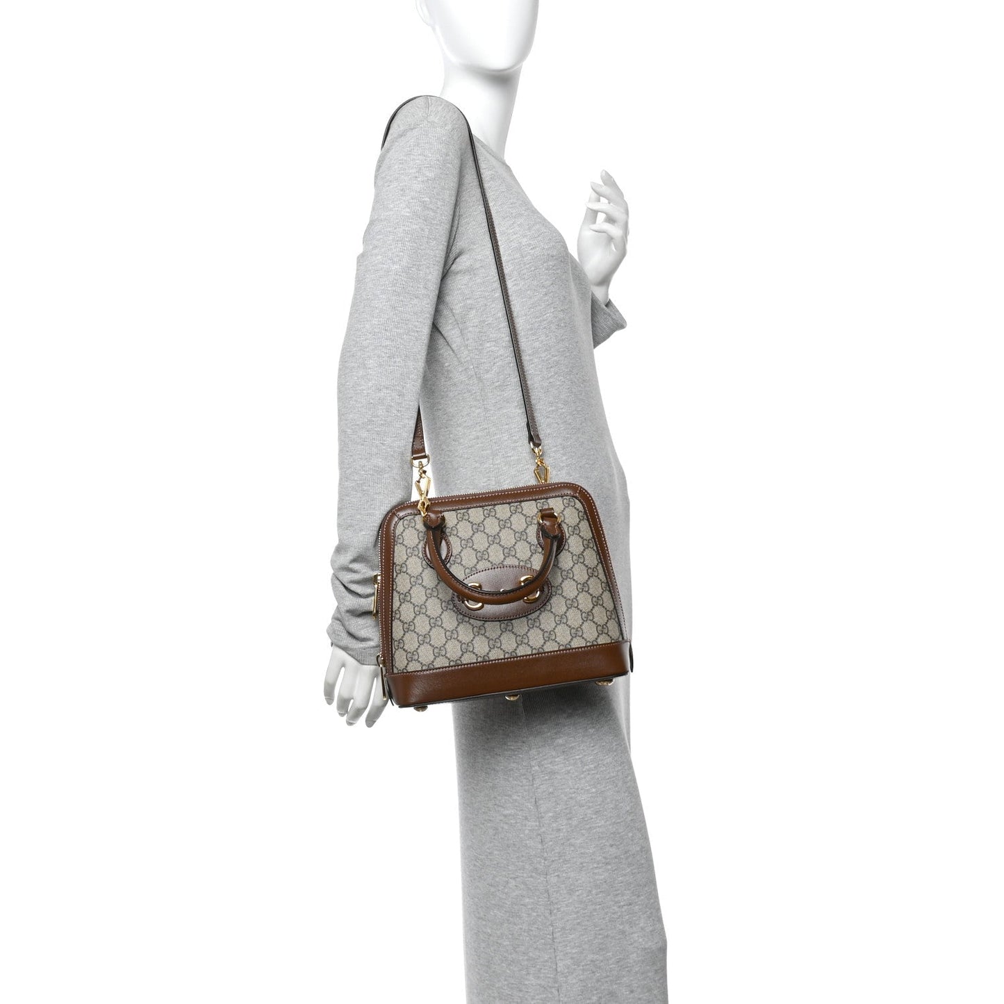 GG Supreme Monogram Azalea Calfskin Small Horsebit 1955 Top Handle Bag Beige Ebony Brown Sugar