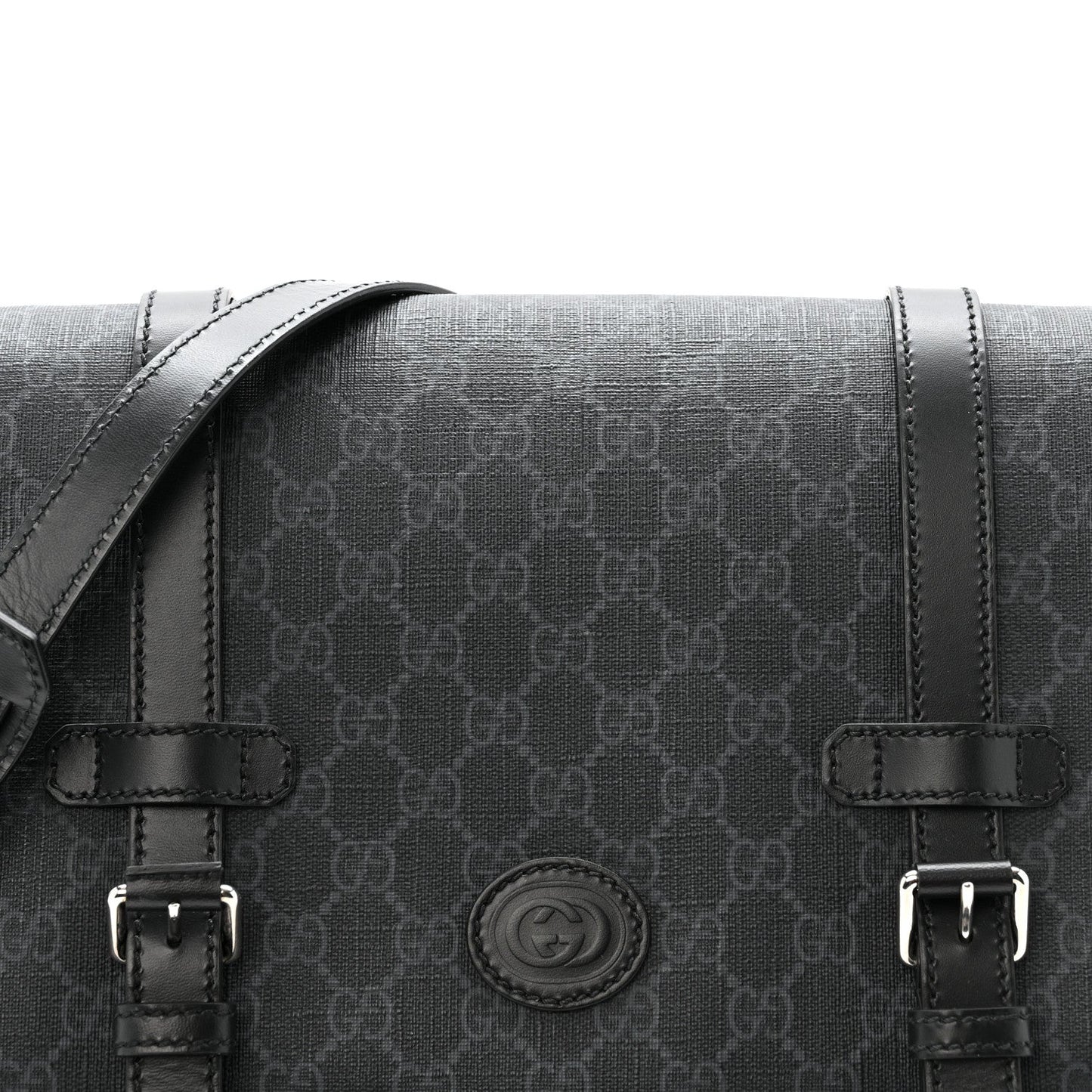 GG Supreme Monogram Textured Dollar Calfskin Retro Interlocking G Flap Messenger Bag Black
