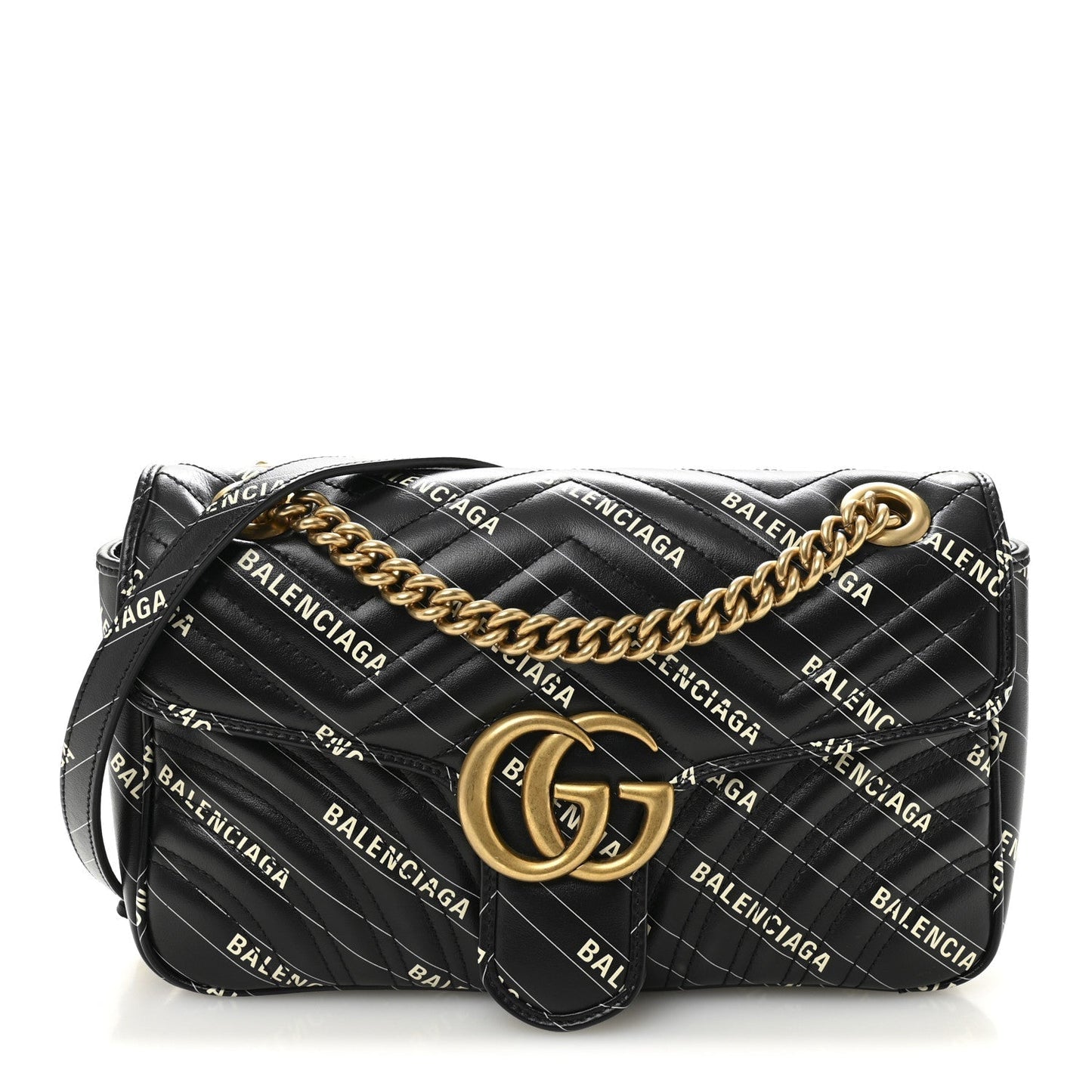 X BALENCIAGA Calfskin Matelasse Logo Print Small GG Marmont Shoulder Bag Black