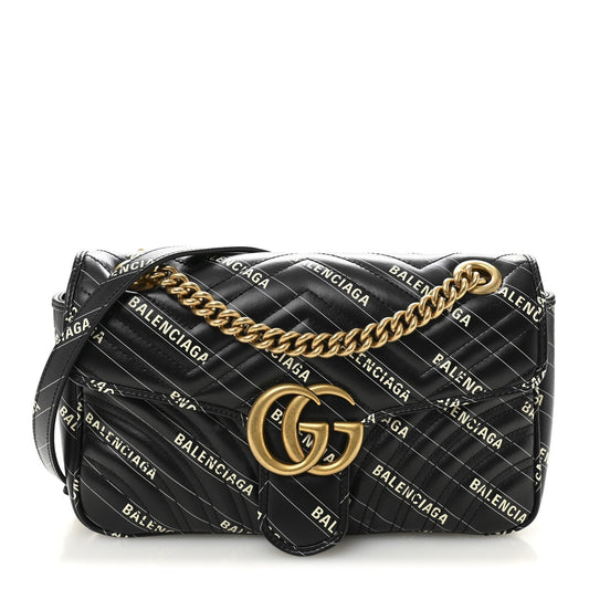 X BALENCIAGA Calfskin Matelasse Logo Print Small GG Marmont Shoulder Bag Black