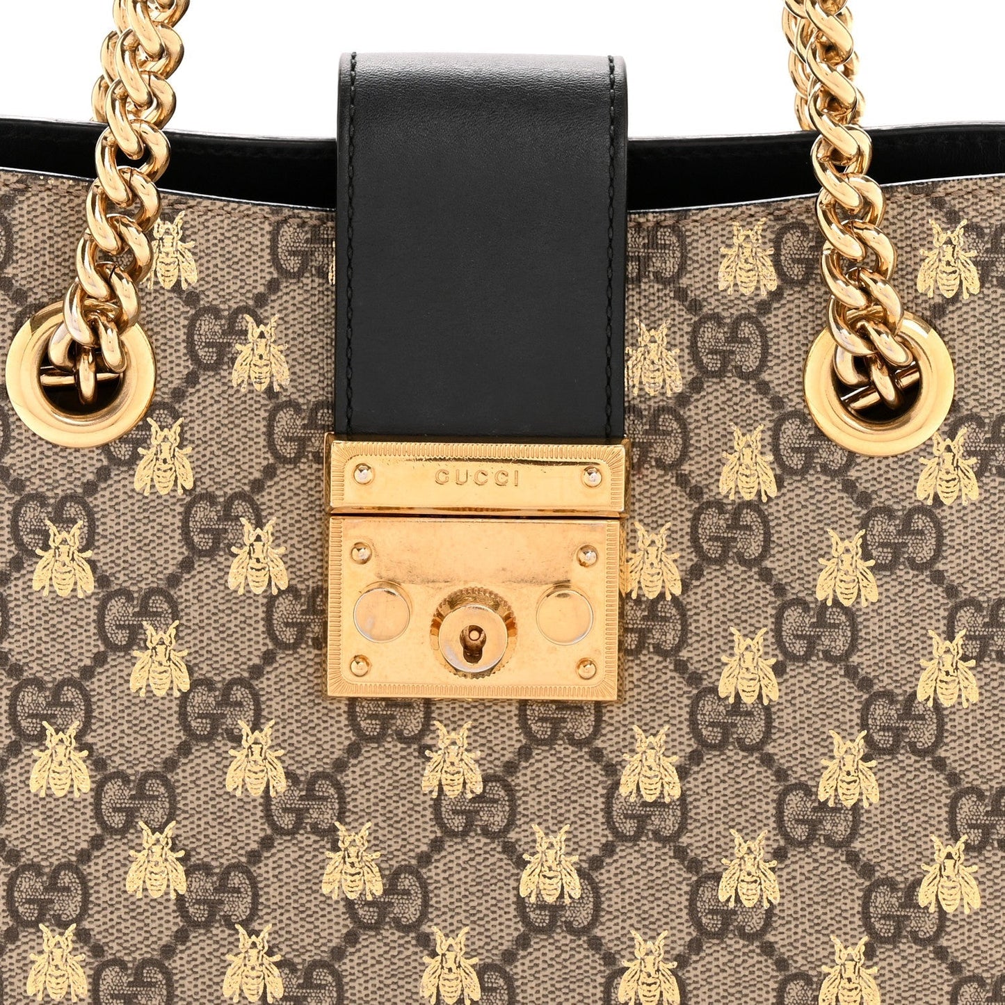 GG Supreme Monogram Bees Small Padlock Tote Beige Oro Black