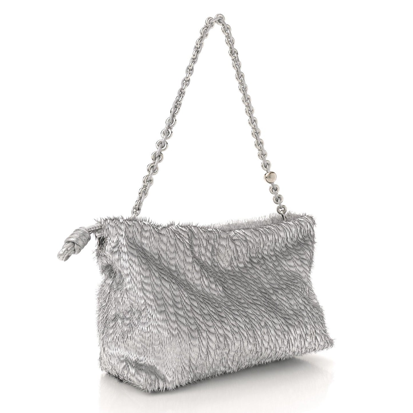 Metallic Nappa Calfskin Fringed Medium Chain Flamenco Knot Purse Silver