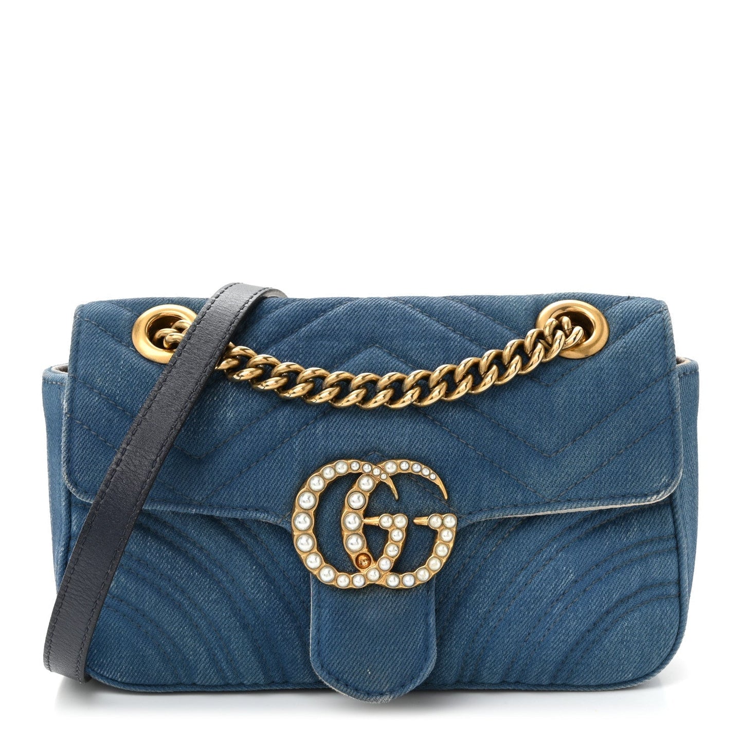 Denim Matelasse Mini Pearly GG Marmont Shoulder Bag Blue