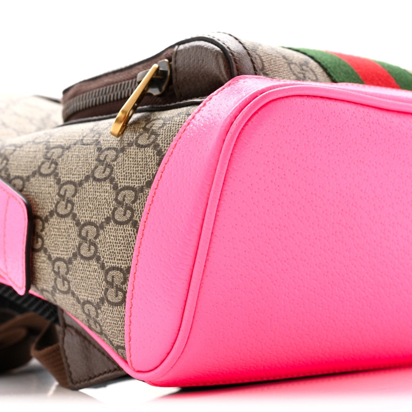 GG Supreme Monogram Textured Dollar Calfskin Web Small Ophidia Day Backpack Beige Ebony Fluorescent Fuchsia