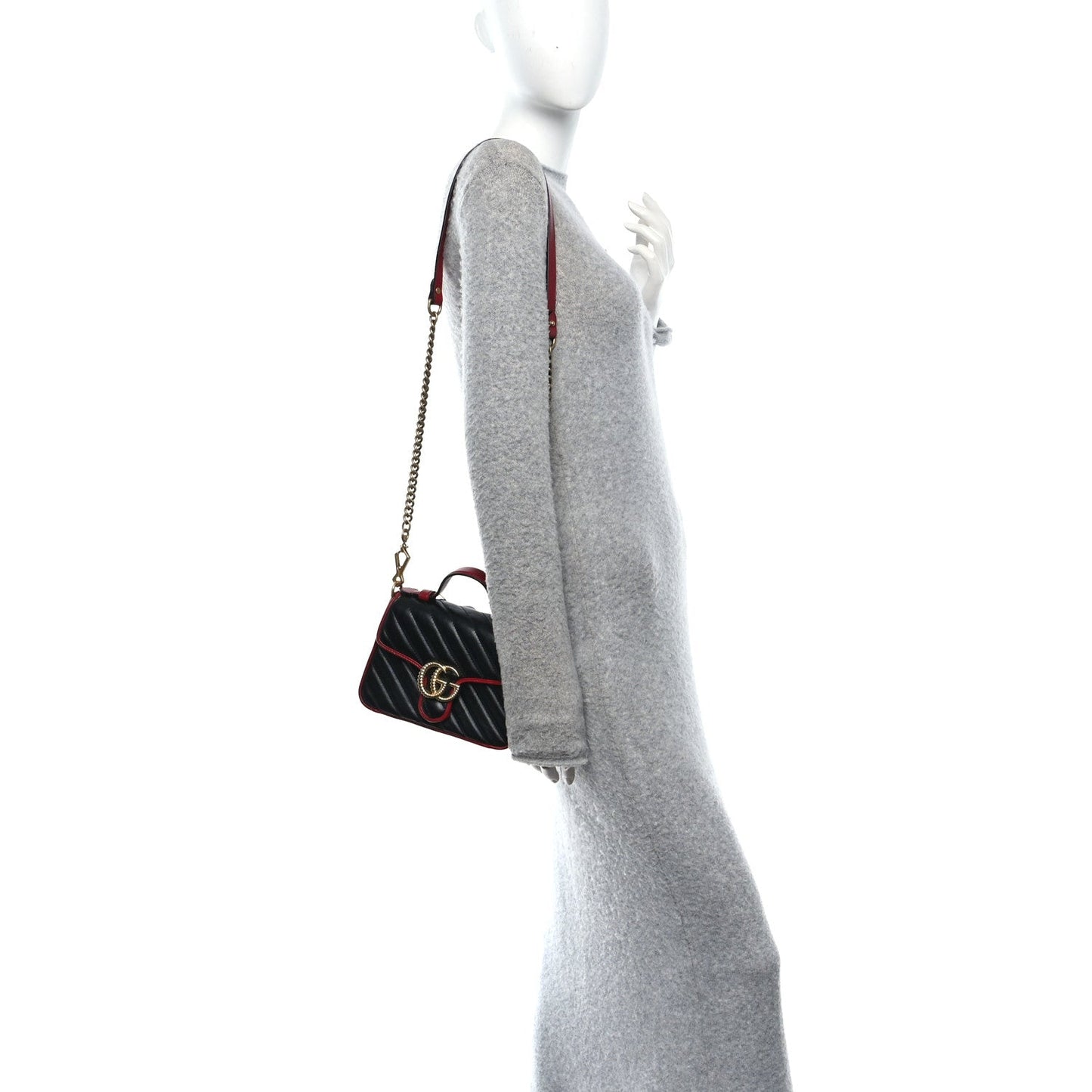 Vintage Effect Calfskin Matelasse Diagonal Mini Torchon GG Marmont Top Handle Shoulder Bag Black Romantic Cherry