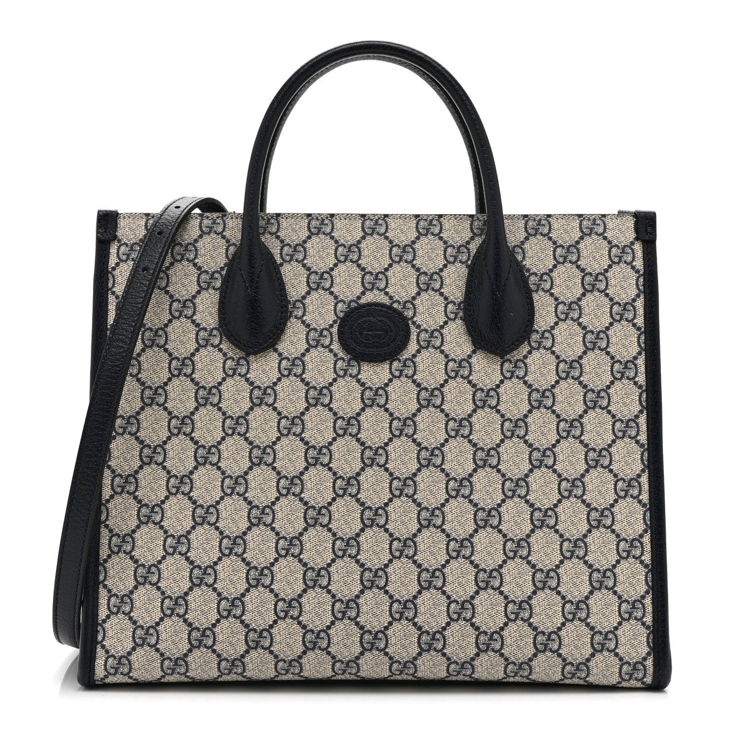 GG Supreme Monogram Textured Dollar Calfskin Small Retro Interlocking G Tote Bag Beige Blue