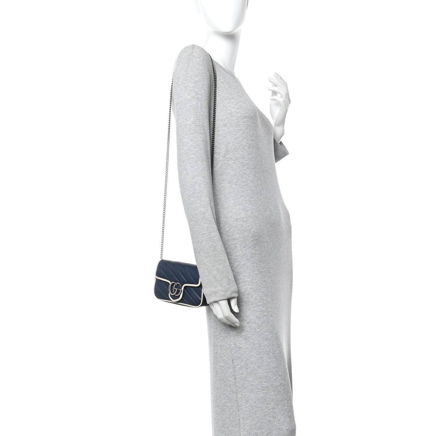 Vintage Effect Calfskin Matelasse Diagonal Super Mini Torchon GG Marmont Shoulder Bag Blue Agata Mystic White