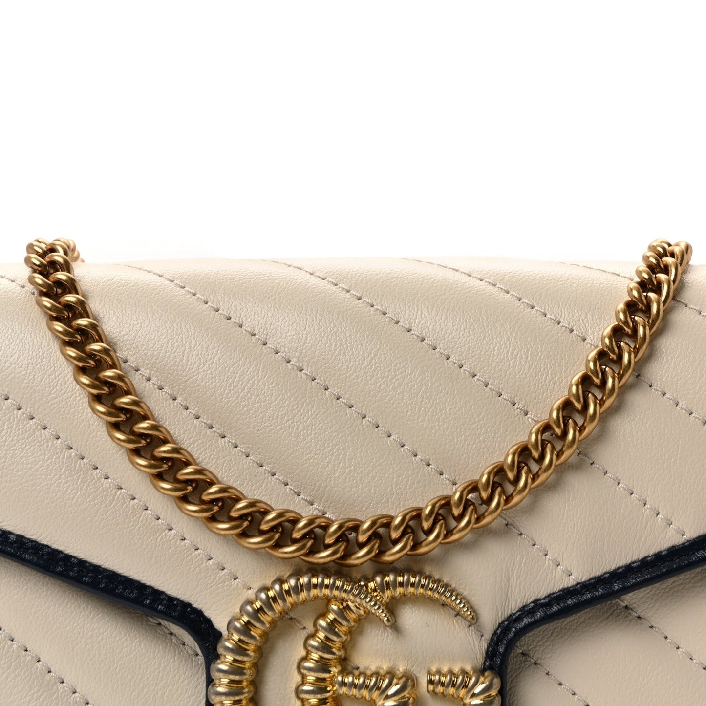 Vintage Effect Calfskin Matelasse Diagonal Torchon GG Marmont Chain Wallet Mystic White Blue Agata