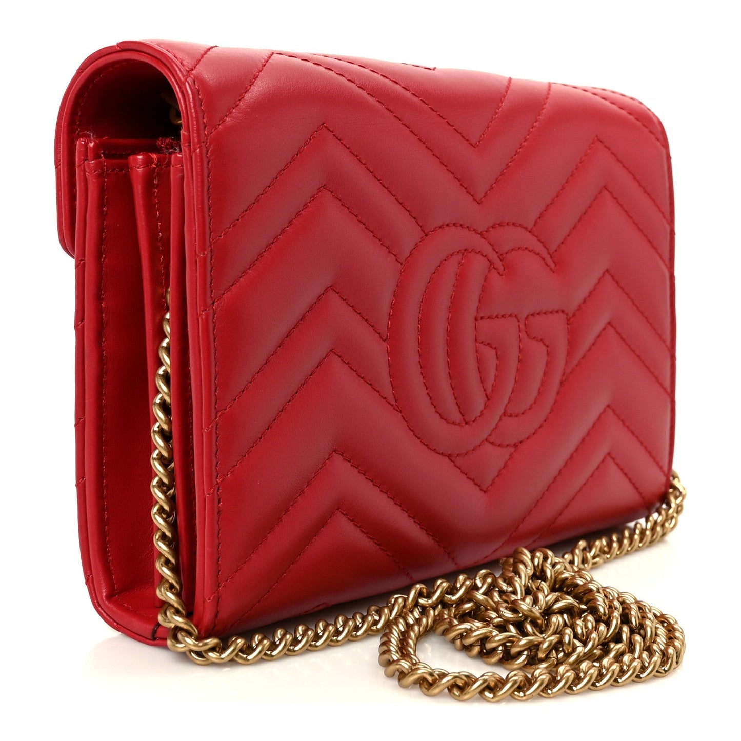 Calfskin Matelasse GG Marmont Chain Wallet Hibiscus Red