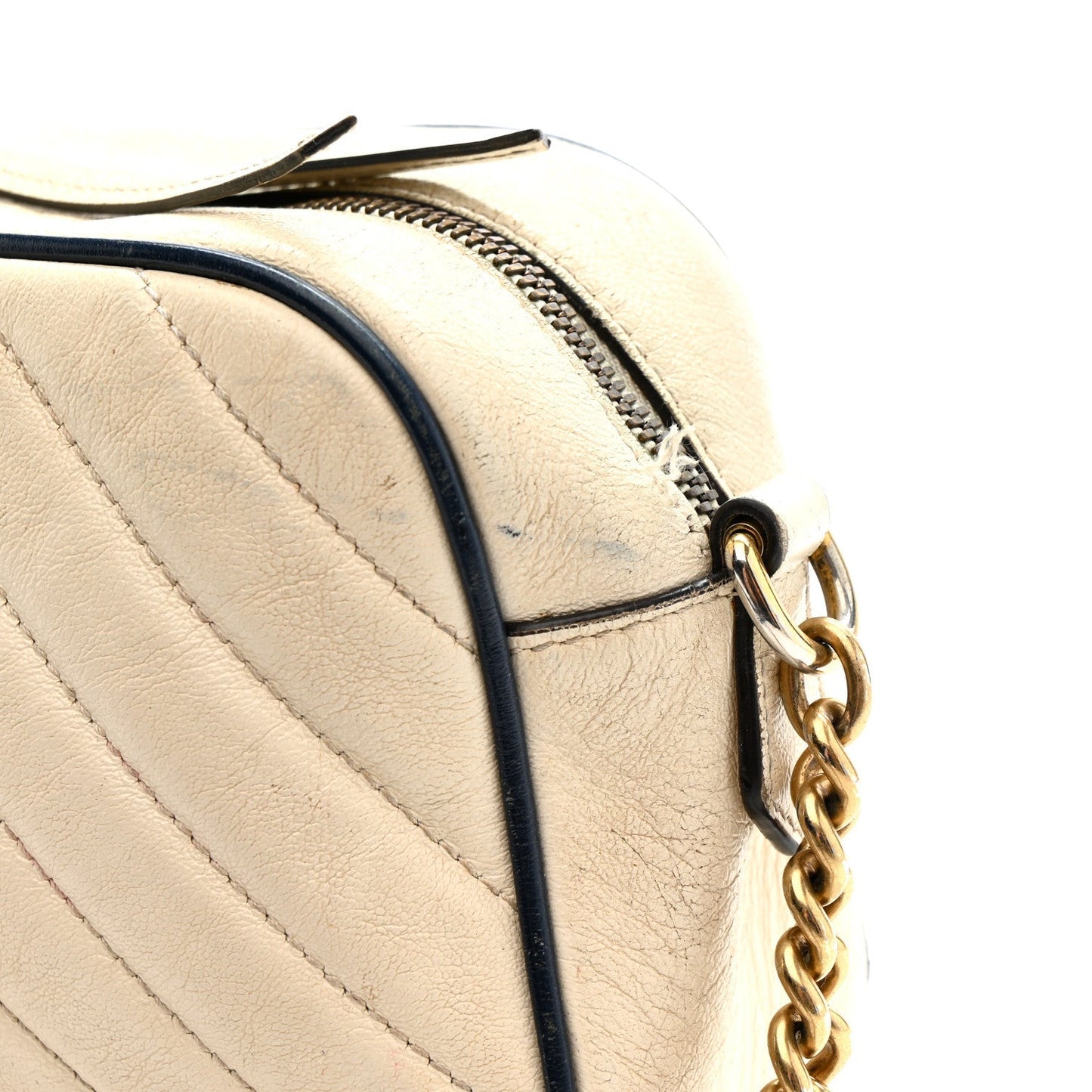 Vintage Effect Calfskin Matelasse Diagonal Small Torchon GG Marmont Chain Shoulder Bag Mystic White Blue Agata