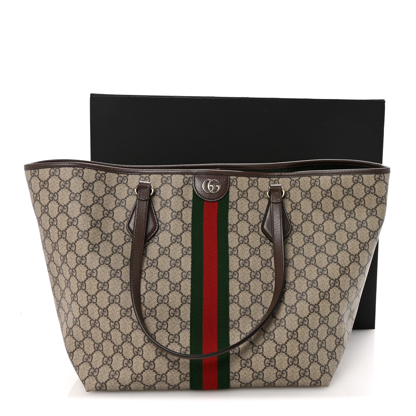 GG Supreme Monogram Calfskin Web Large Ophidia Tote Beige Dark Brown