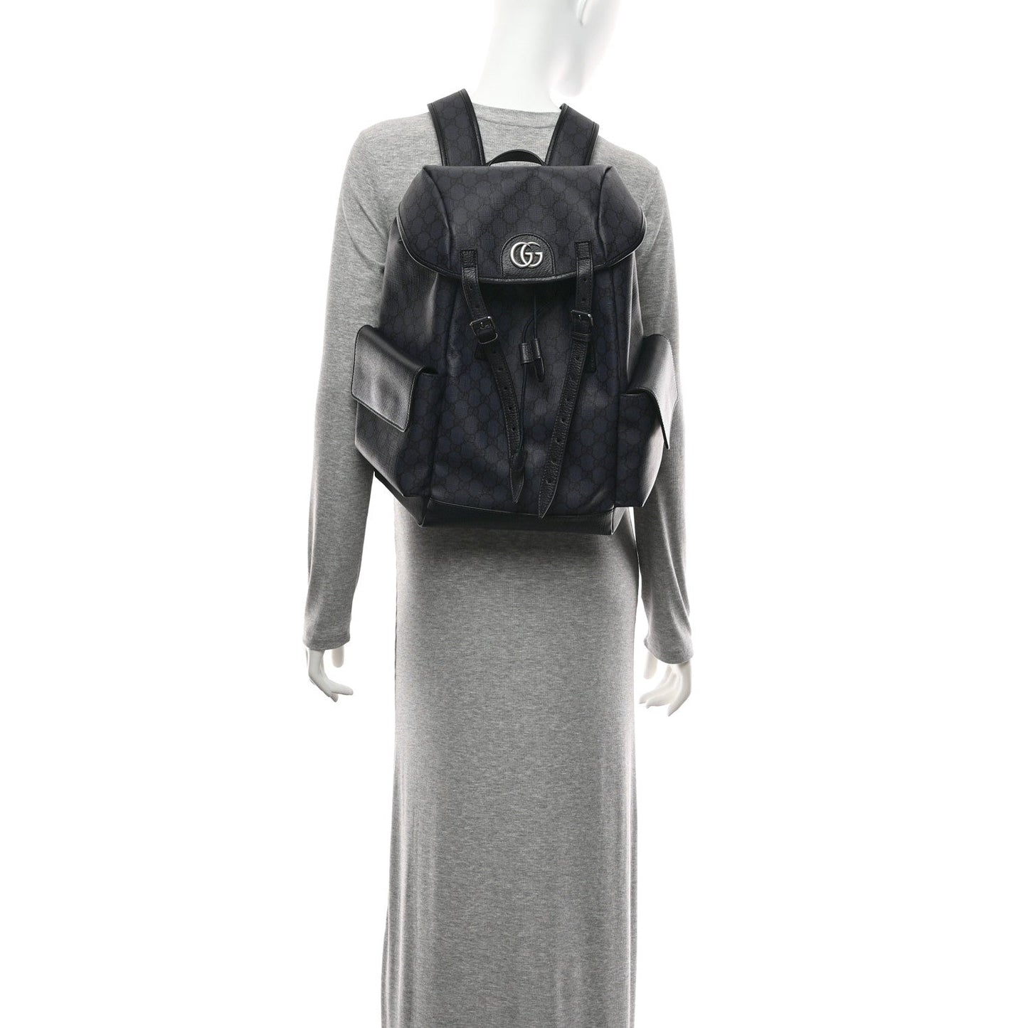 GG Supreme Monogram Textured Dollar Calfskin Medium Ophidia Double Buckle Backpack Blue Dark Blue Black