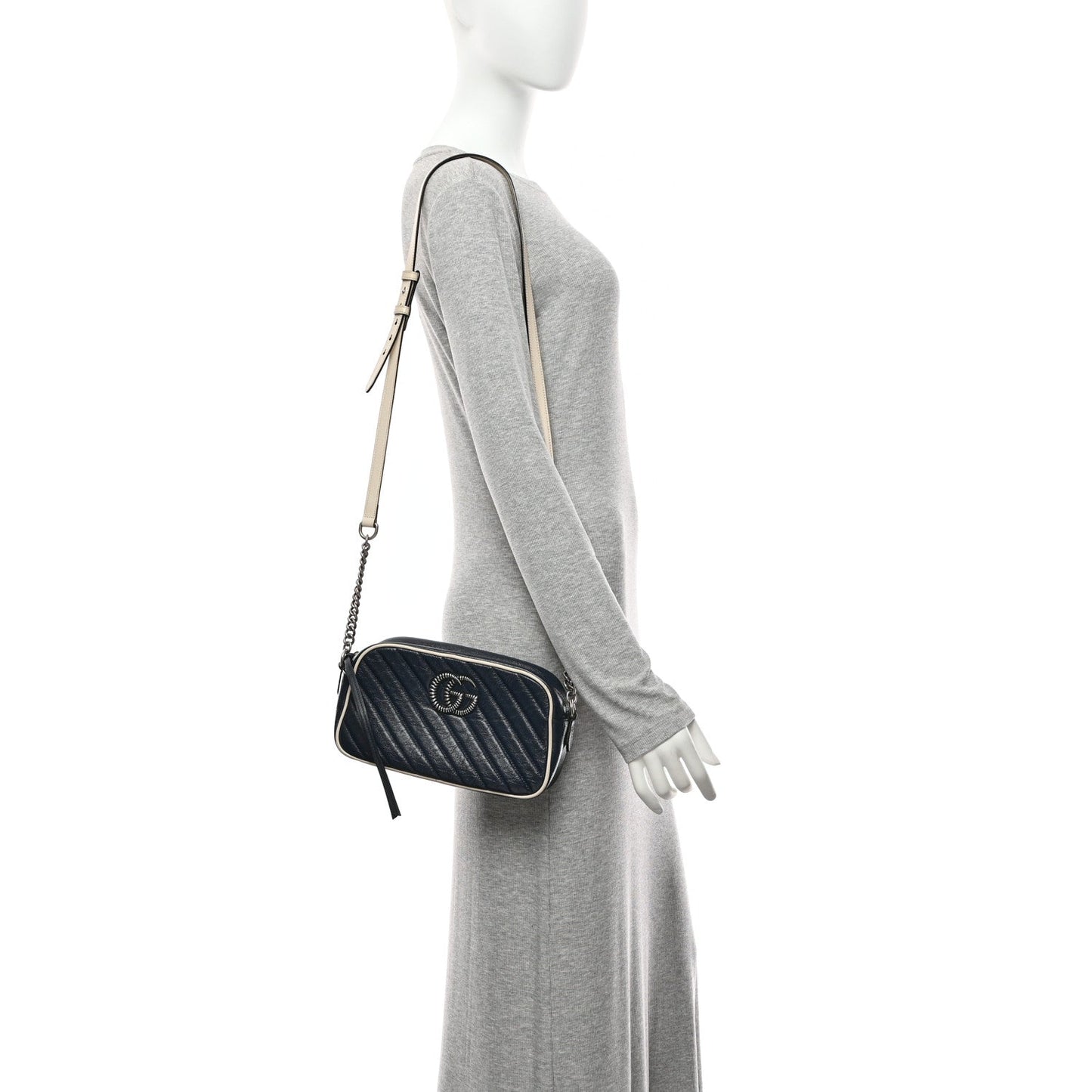 Vintage Effect Calfskin Matelasse Diagonal Small Torchon GG Marmont Chain Shoulder Bag Blue Agata Mystic White