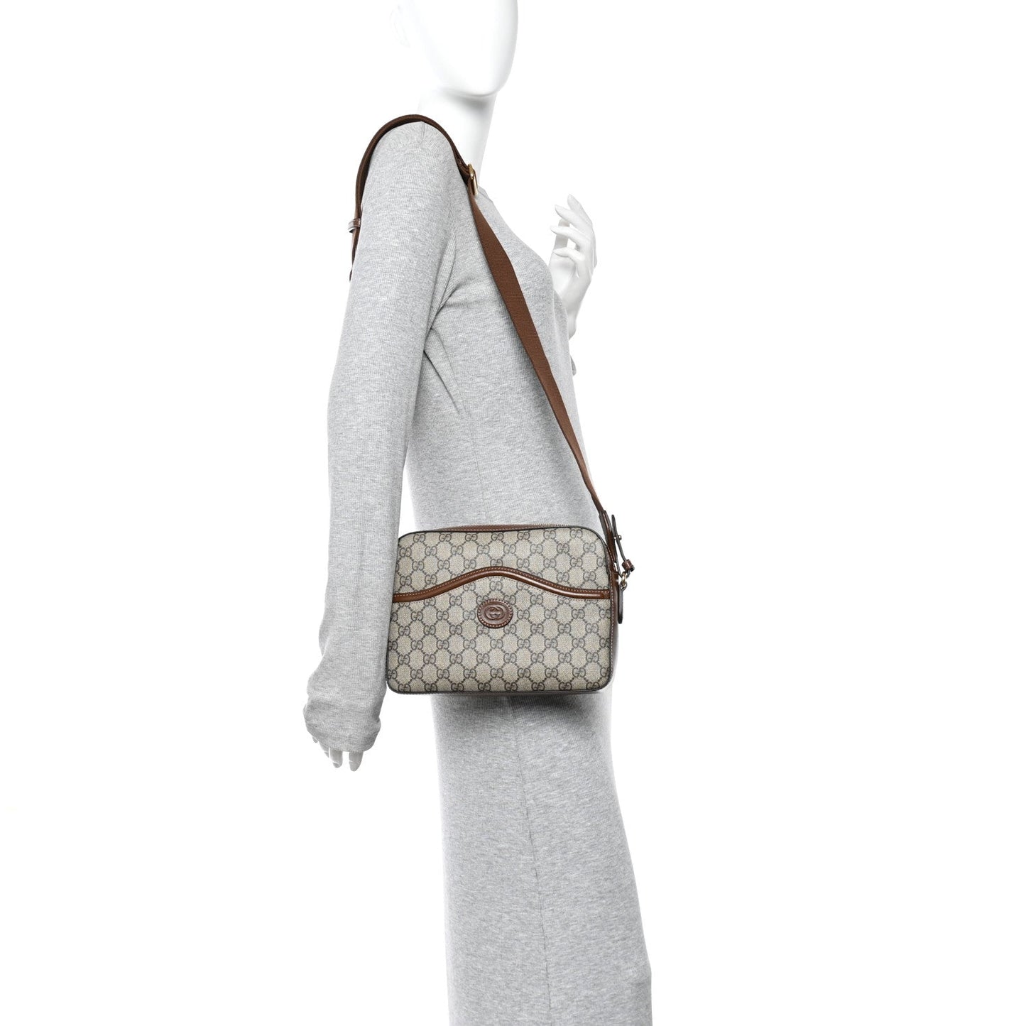 GG Supreme Monogram Azalea Calfskin Retro Interlocking G Messenger Shoulder Bag Beige Ebony Brown Sugar