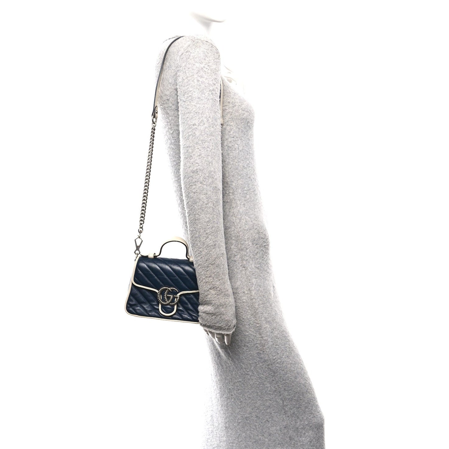 Vintage Effect Calfskin Matelasse Diagonal Mini Torchon GG Marmont Top Handle Shoulder Bag Blue Agata Mystic White
