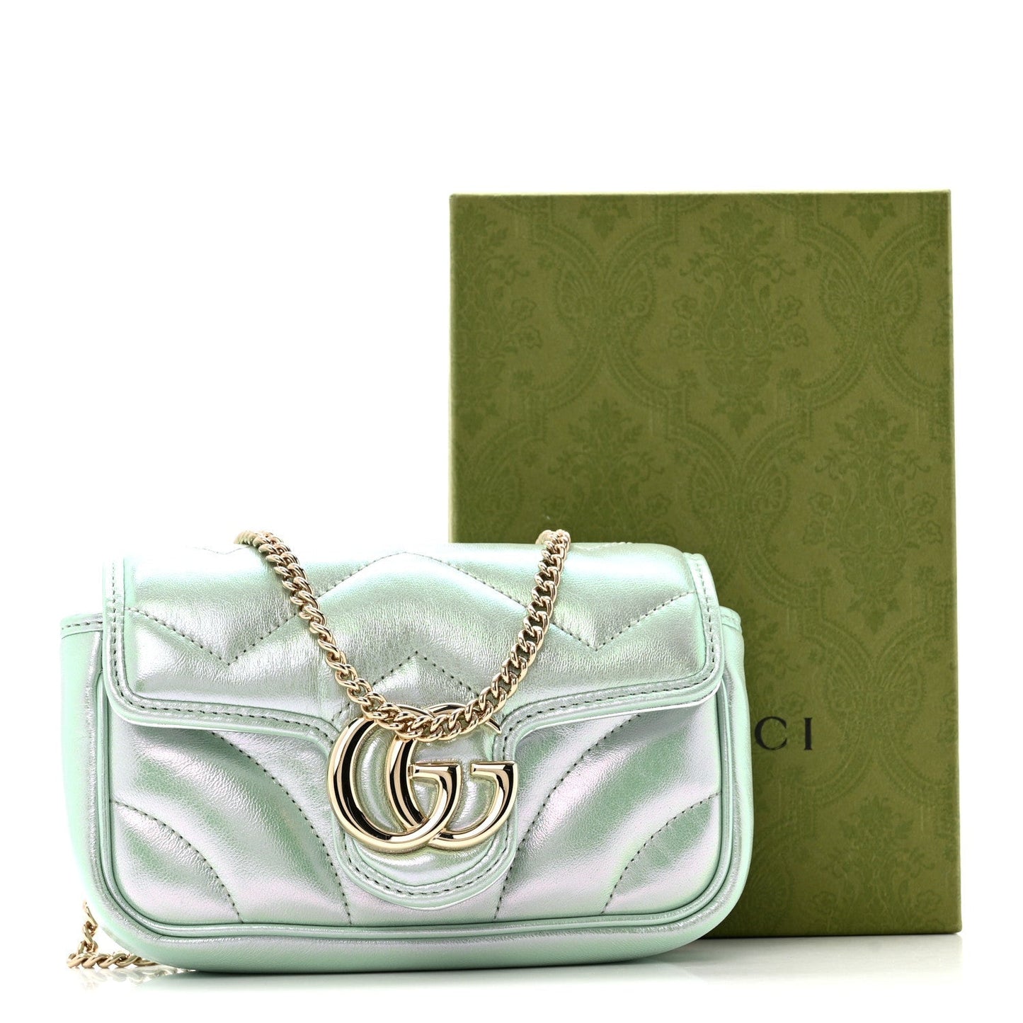 Iridescent Nappa Chevron Matelasse Super Mini GG Marmont Shoulder Bag Green Iridescent