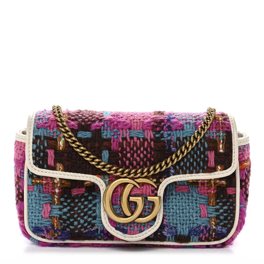 Tweed Calfskin Spicy Check Super Mini GG Marmont Shoulder Bag Pink Multicolor Mystic White