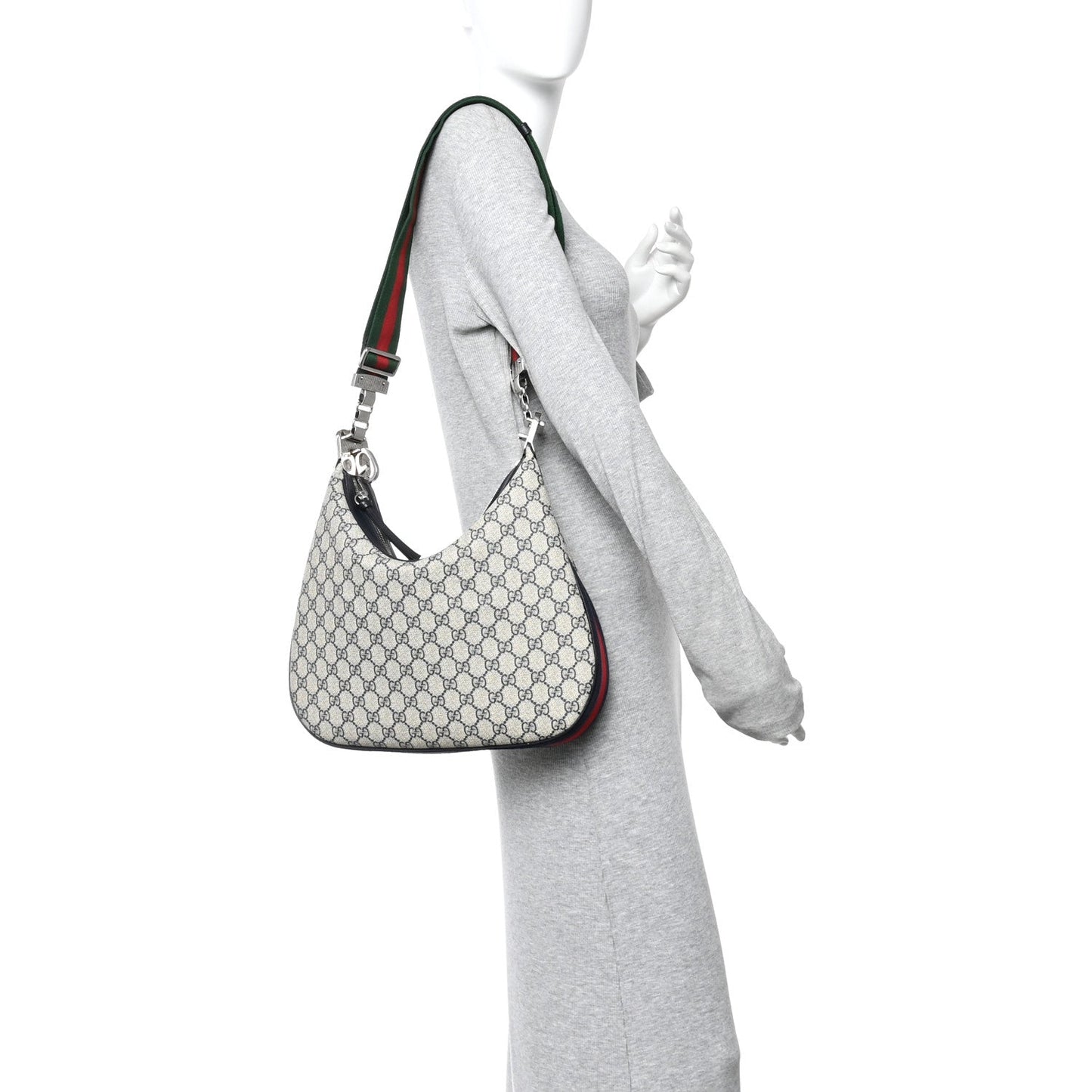 GG Supreme Monogram Textured Calfskin Web Large Attache Shoulder Bag Beige Blue