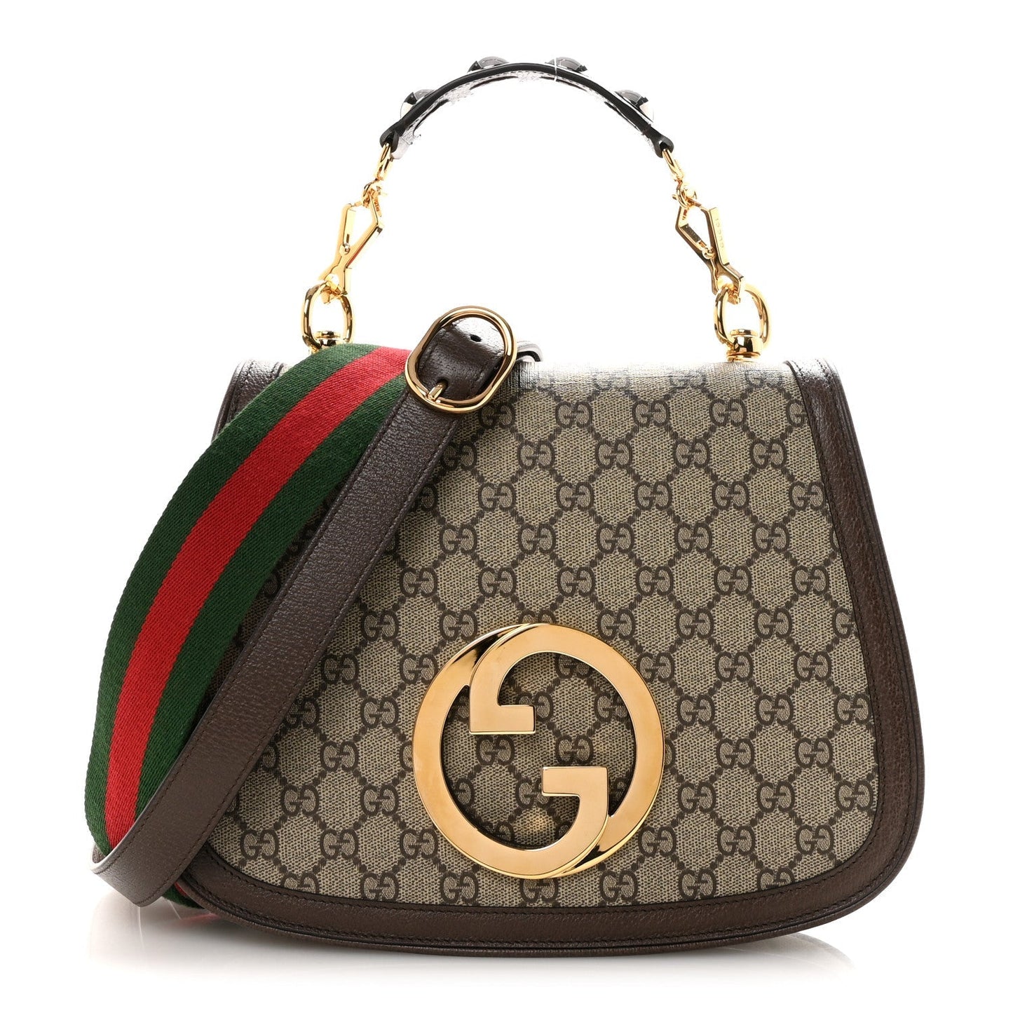 GG Supreme Monogram Textured Dollar Calfskin Web Medium Blondie Top Handle Shoulder Flap Bag Beige Ebony New Acero