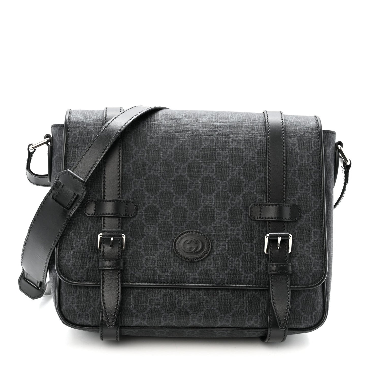 GG Supreme Monogram Textured Dollar Calfskin Retro Interlocking G Flap Messenger Bag Black