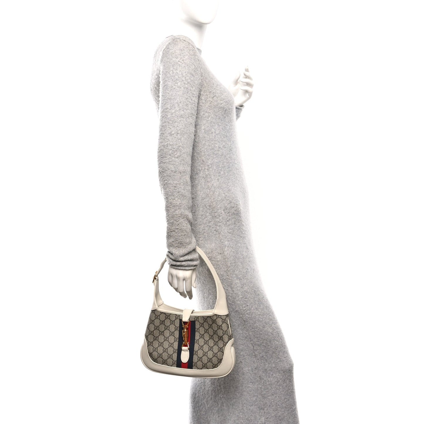 GG Supreme Monogram Azalea Calfskin Web Small Jackie 1961 Hobo Beige Ebony Mystic White