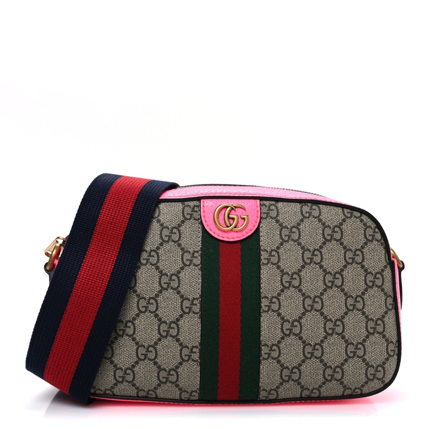 GG Supreme Monogram Textured Dollar Calfskin Web Ophidia Small Crossbody Bag Beige Ebony Fuchsia