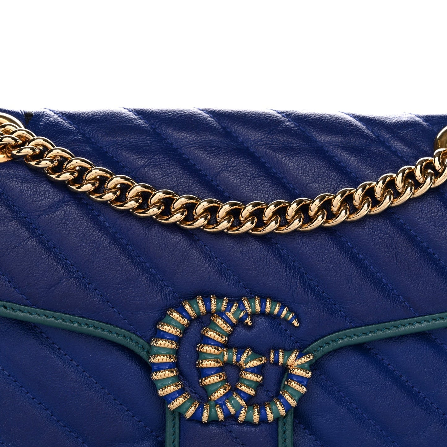 Azalea Calfskin Enamel Matelasse Diagonal Small Torchon GG Marmont Shoulder Bag Imperial Blue Pavone
