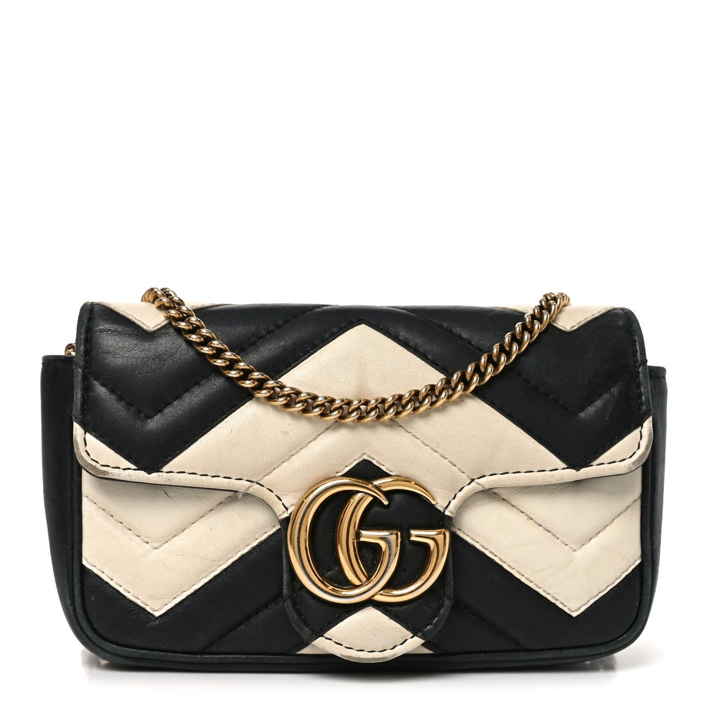 Calfskin Matelasse Super Mini GG Marmont Shoulder Bag Black White