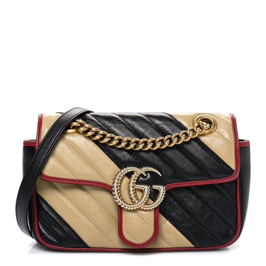 Vintage Effect Calfskin Matelasse Diagonal Striped Mini Torchon GG Marmont Shoulder Bag Black Beige