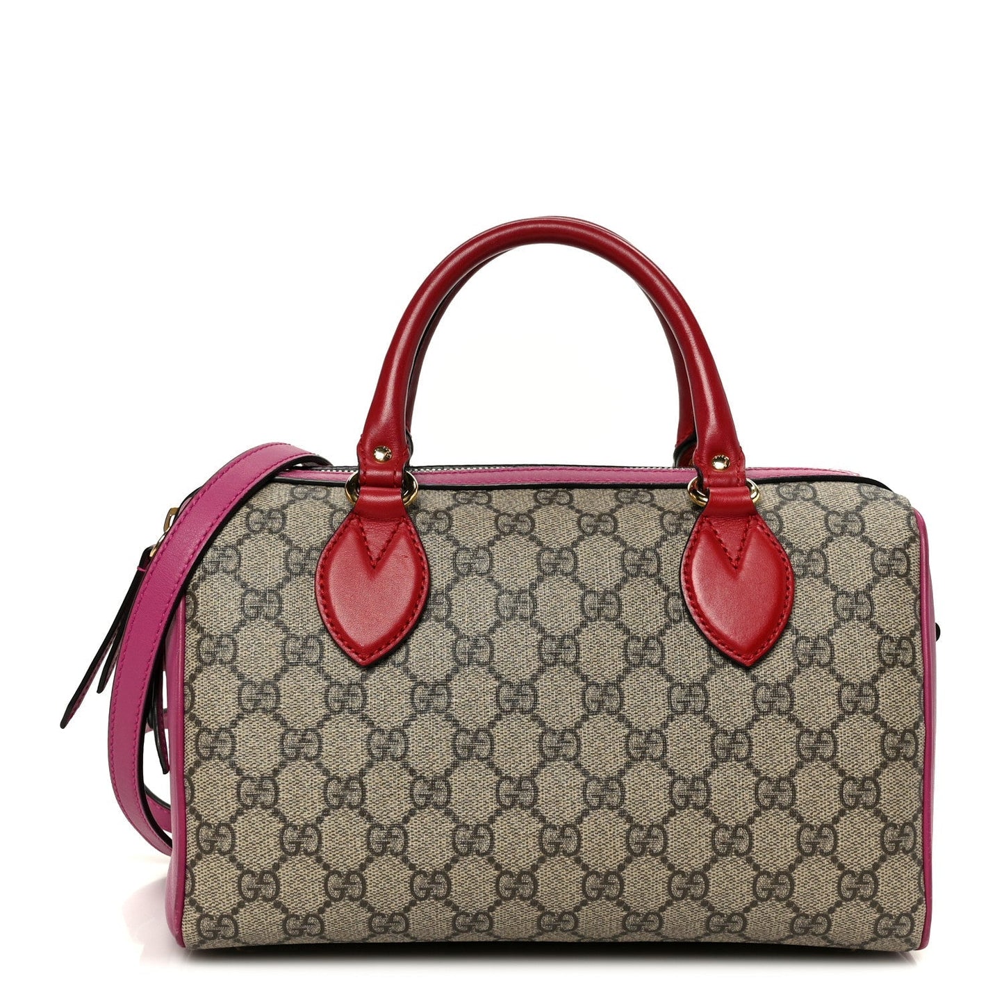 GG Supreme Monogram Moon Calfskin Small Boston Beige Ebony Hibiscus Red New Rosette