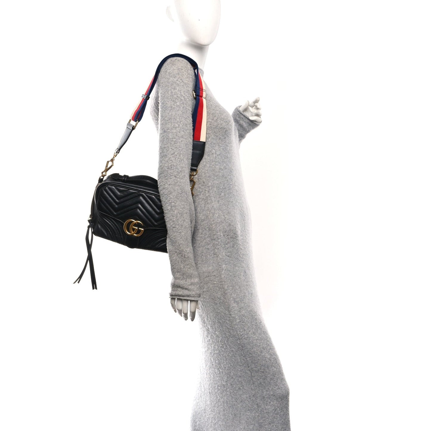 Calfskin Matelasse Sylvie Web Small GG Marmont Top Handle Shoulder Bag Black