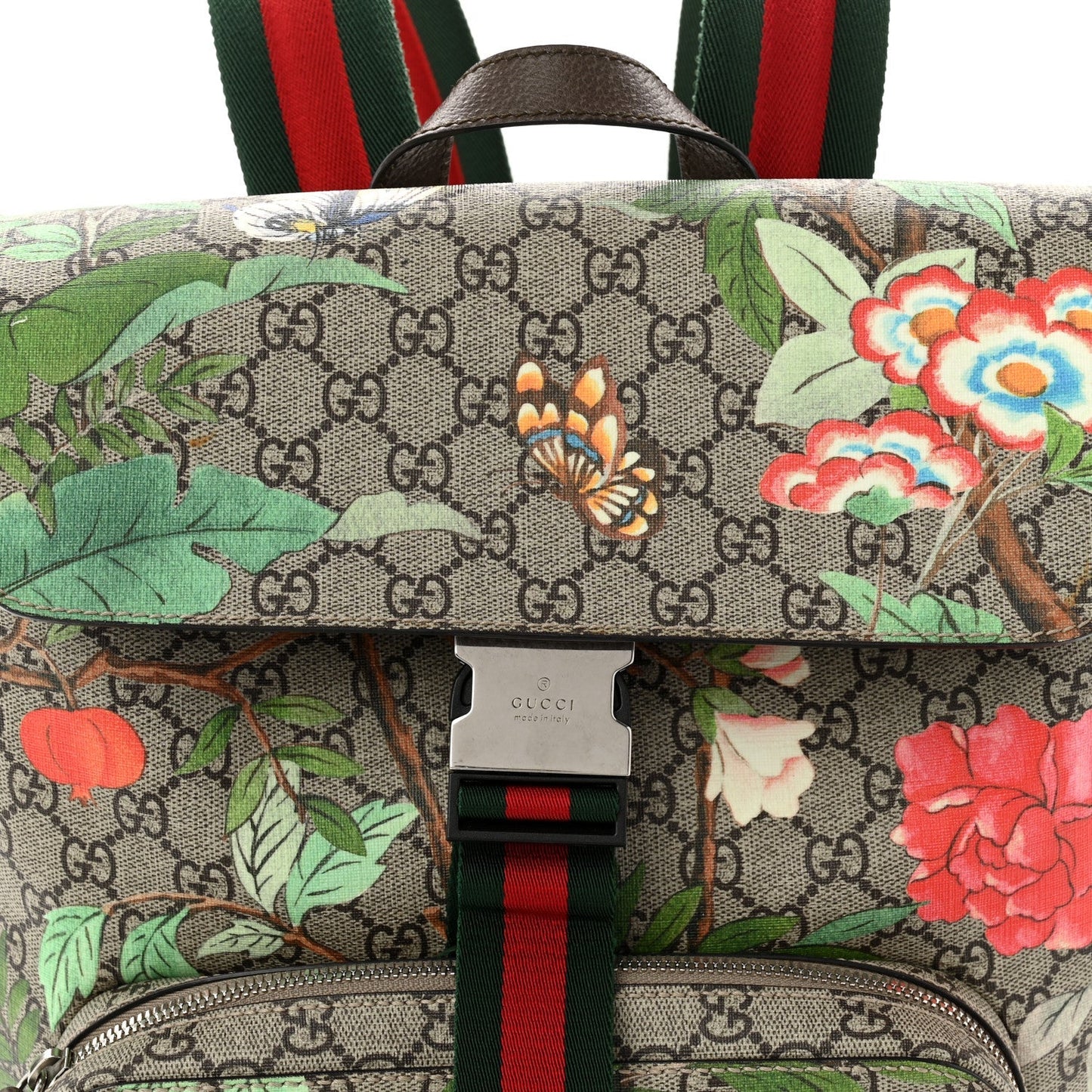 GG Supreme Monogram Tian Web Single Buckle Backpack Beige Multicolor New Acero