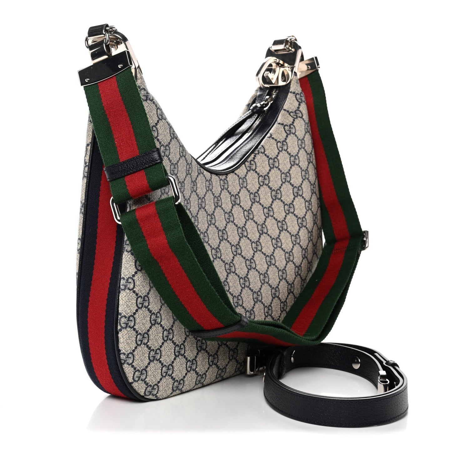 GG Supreme Monogram Textured Calfskin Web Large Attache Shoulder Bag Beige Blue