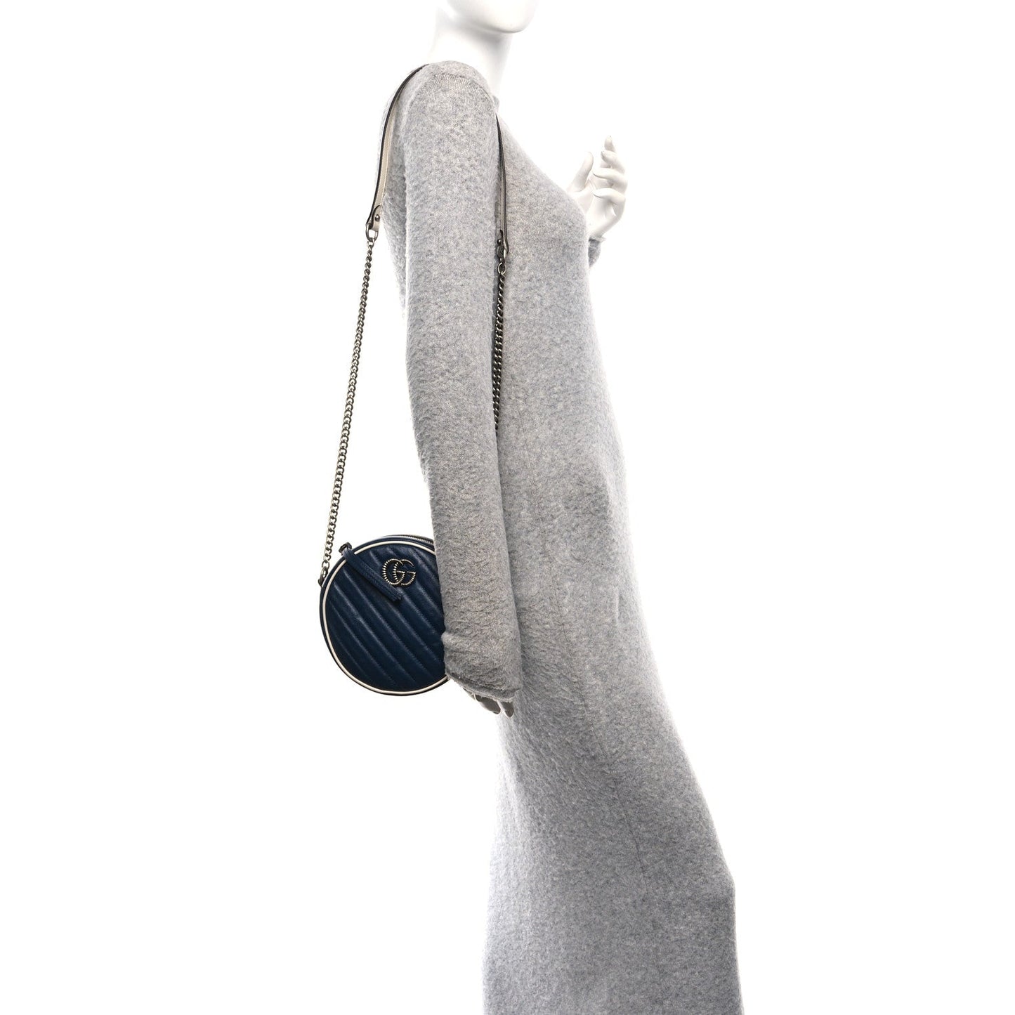 Azalea Calfskin Matelasse Diagonal Mini Torchon GG Marmont Round Shoulder Bag Blue Agata Mystic White
