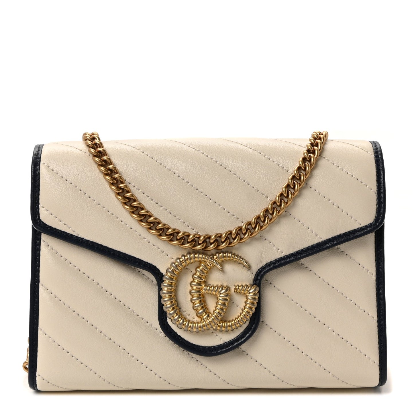 Vintage Effect Calfskin Matelasse Diagonal Torchon GG Marmont Chain Wallet Mystic White Blue Agata