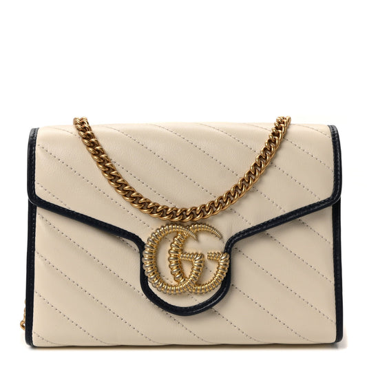 Vintage Effect Calfskin Matelasse Diagonal Torchon GG Marmont Chain Wallet Mystic White Blue Agata