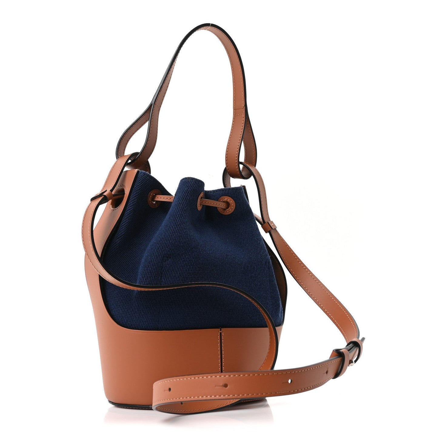 Canvas Calfskin Balloon Bucket Bag Navy Tan