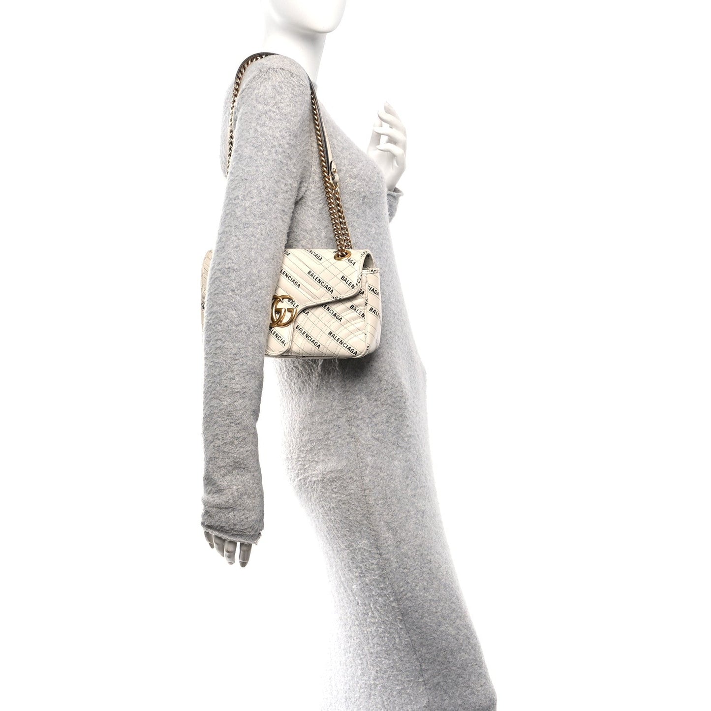 X BALENCIAGA Calfskin Matelasse Logo Print Small GG Marmont Shoulder Bag White