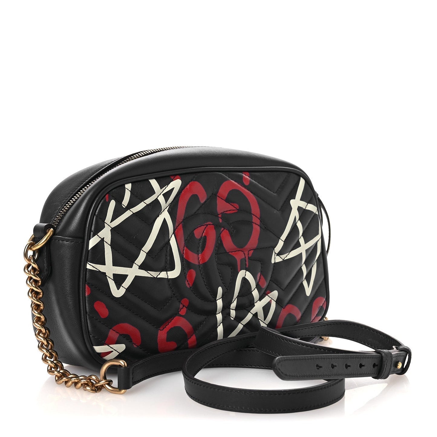 Calfskin Matelasse GucciGhost Small GG Marmont Chain Shoulder Bag  Black Hibiscus Red