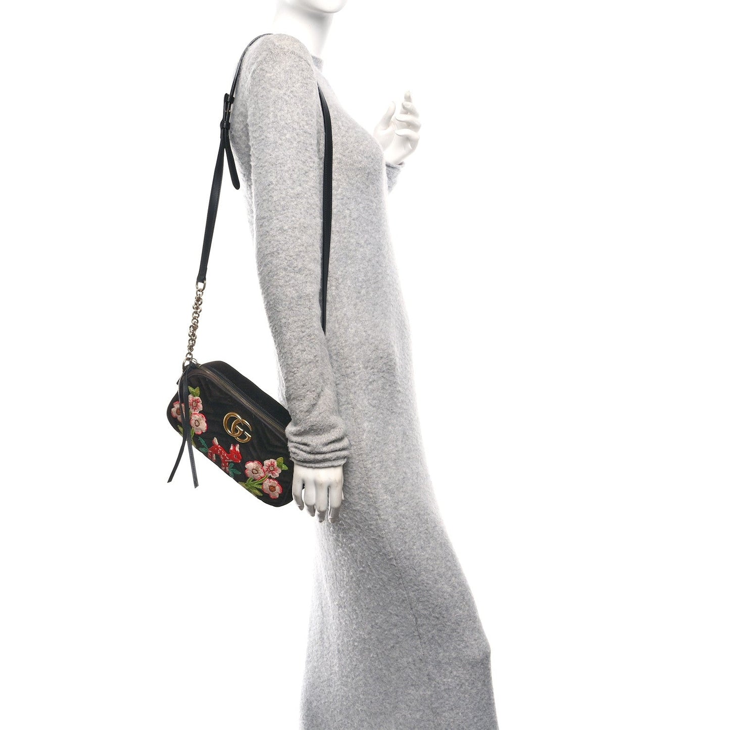 Velvet Matelasse Deer Embroidered Small GG Marmont Chain Shoulder Bag Black